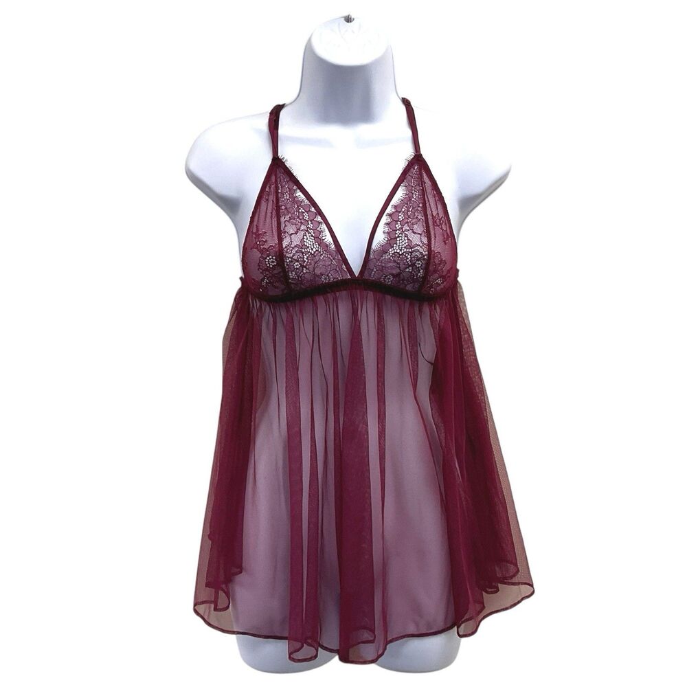 Victoria’s Secret Size Small Burgundy Babydoll Slip Dress Lace Top Ultra Sheer